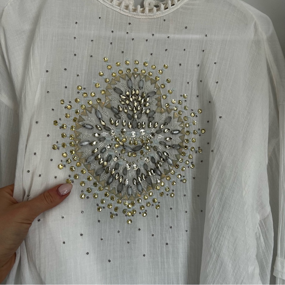 FREE PEOPLE Heart of Gold Blouse White Embellished Cutout-Neck Blouse size large - Picture 9 of 14